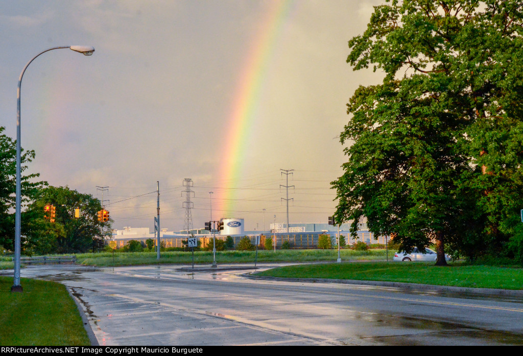 Rainbow behind Ford Dearborn Truck Assembly Plant